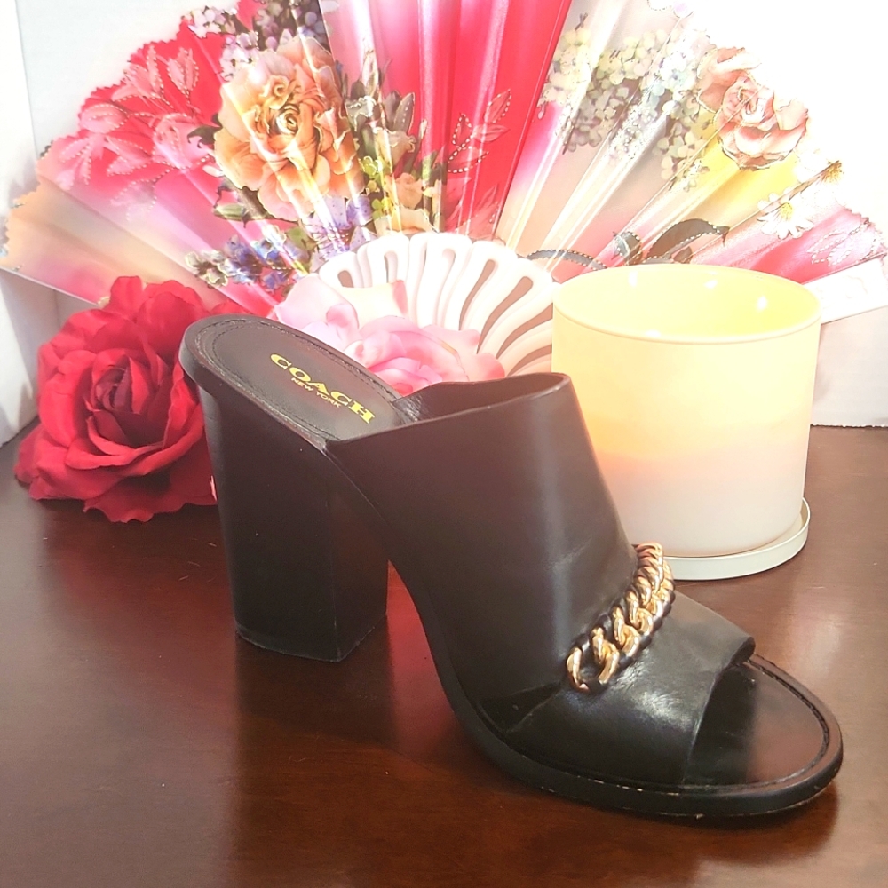 Pre-Owned Coach Black Leather Mules Size 8.5